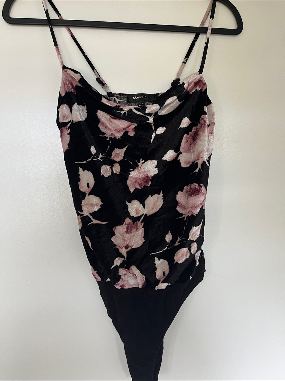 Staud Black Floral Velvet Cowl Neck Spaghetti Strap Bodysuit